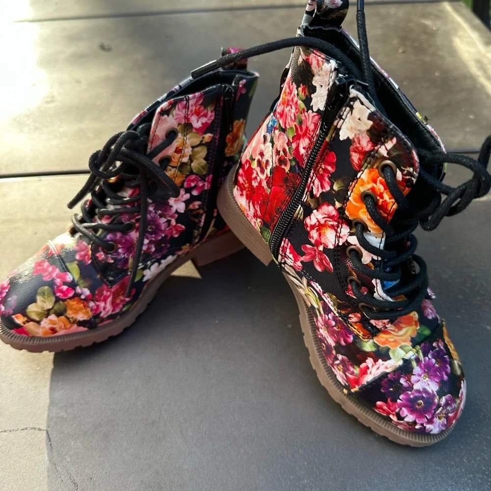 Colorful Floral Kids Lace-Up Boots